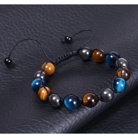 10mm Triple Protection Drawstring Bracelet Hematite Black Agate Tigers Eye Stone - Picture 3 of 9